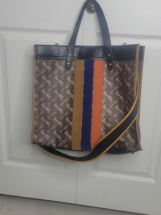 Coach Xtra Large Field Tote Monogram Tote with Blue, Orange & Mustard Stripes - Picture 4 of 12